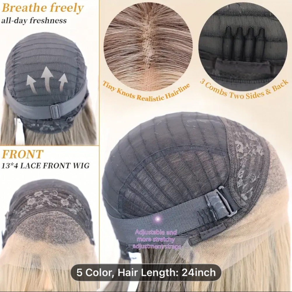 24” Ash Blonde Synthetic Lace Front Wig Long Straight Grey Lace Front Synthetic - Picture 6 of 11